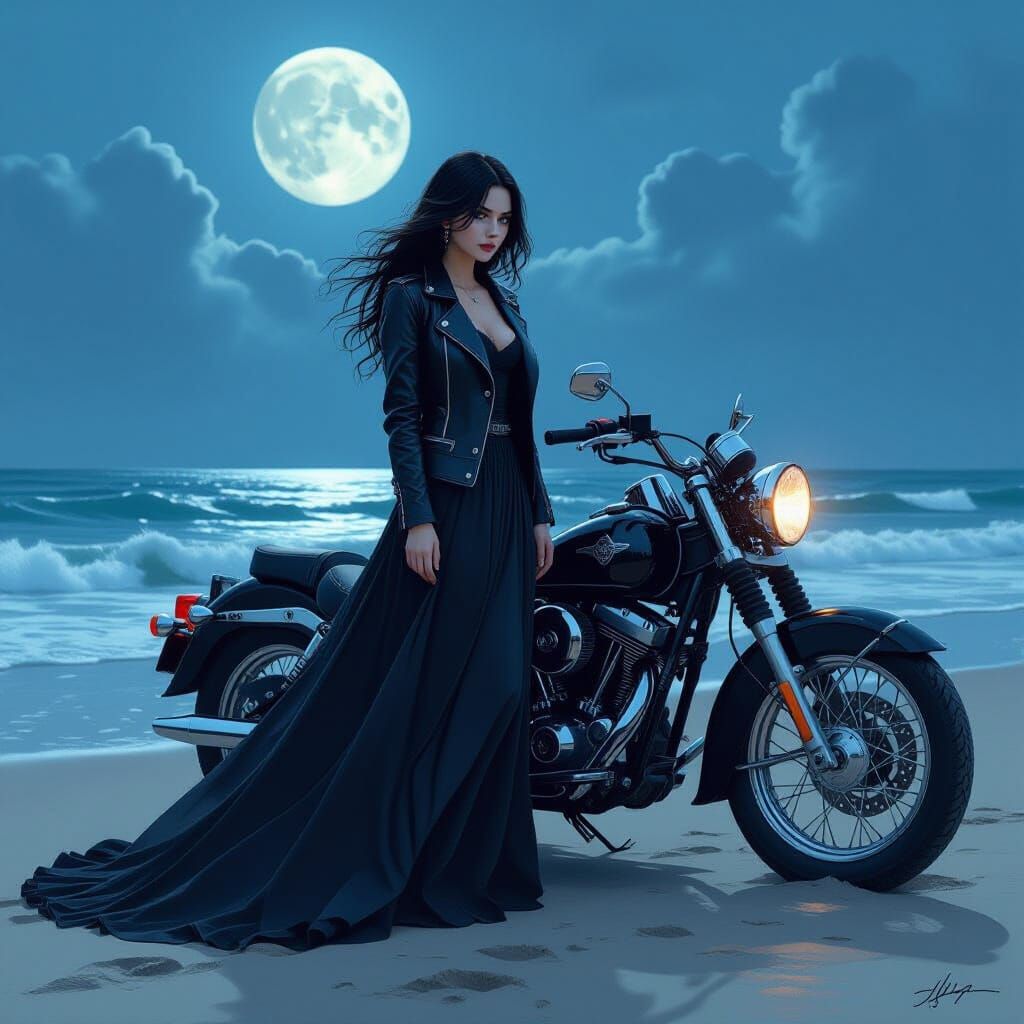 Gothic Girl and Motorcycle on Moonlit Beach
