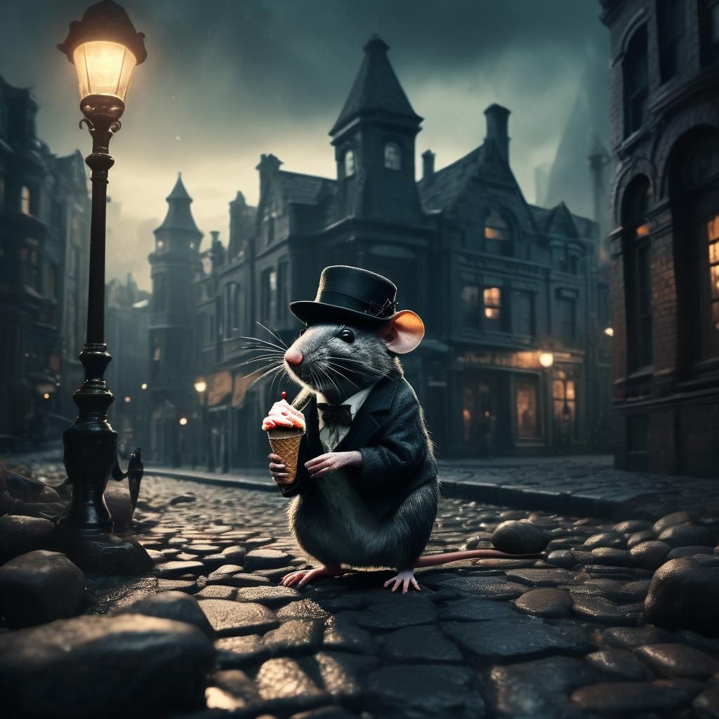 Stylish Rat in Fedora in Dark Fantasy Cityscape