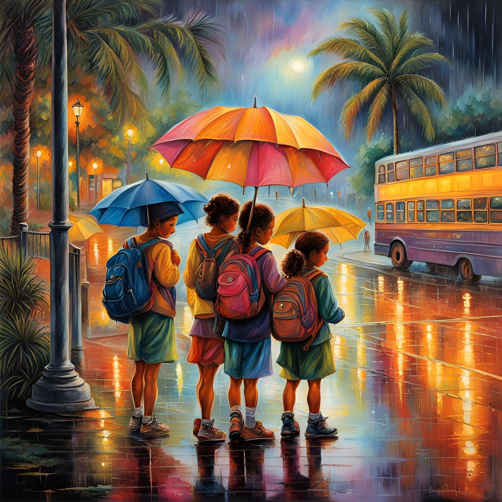 Miami School Kids in Rainy Bus Stop Scene
