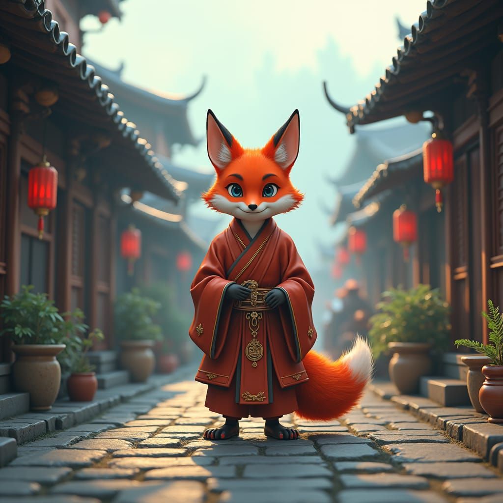 Fox Monk in Medieval Town: Retro Anime Style