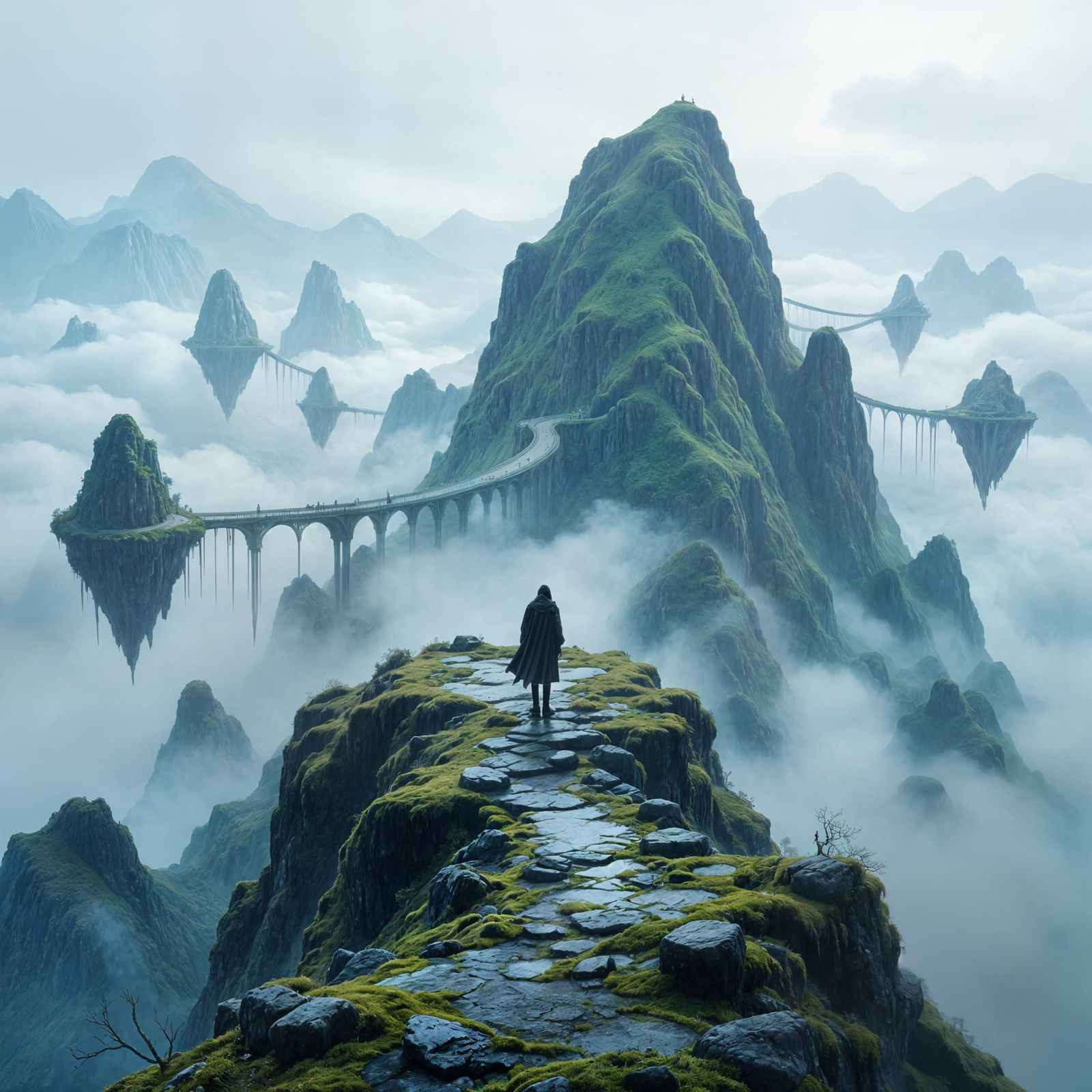 Figure on Mountain Peak Overlooking Surreal Floating Islands