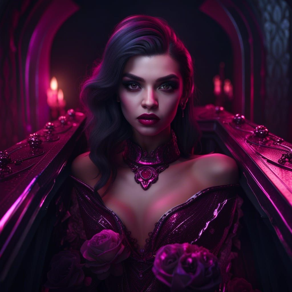 Glamour Vampire Girl in Pink Coffin, Dark Glam Style