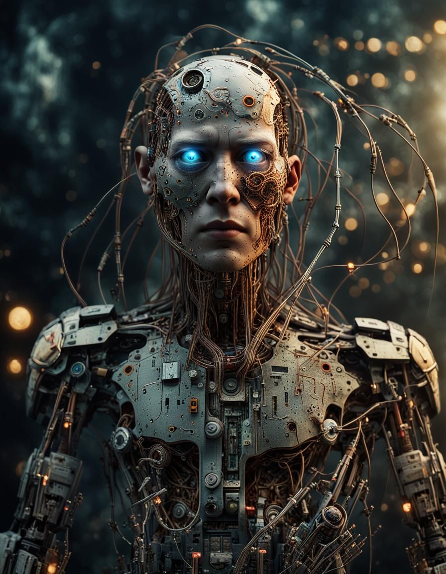 Detailed Cyborg with Glowing Eye and Visible Circuits