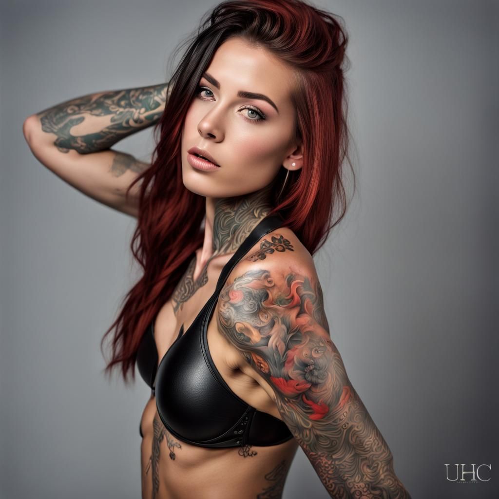 Tattooed Model in Leather Bikini: Professional Studio Shot
