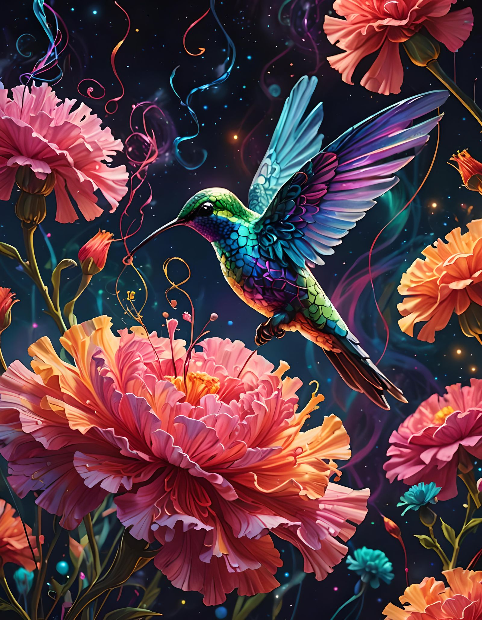 Colorful Yarn Hummingbird on Yarn Flower