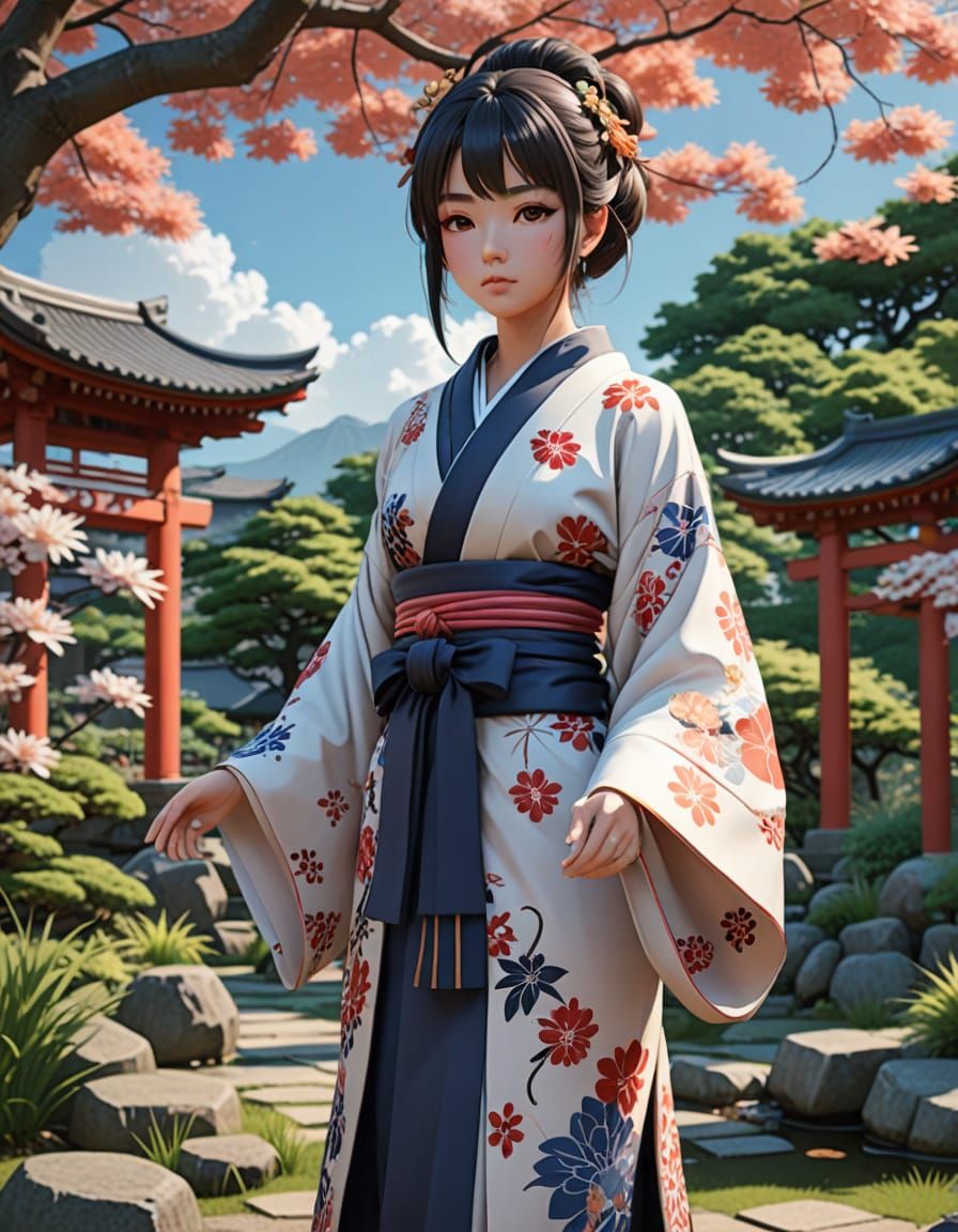 Anime Woman in Kimono in Japanese Garden
