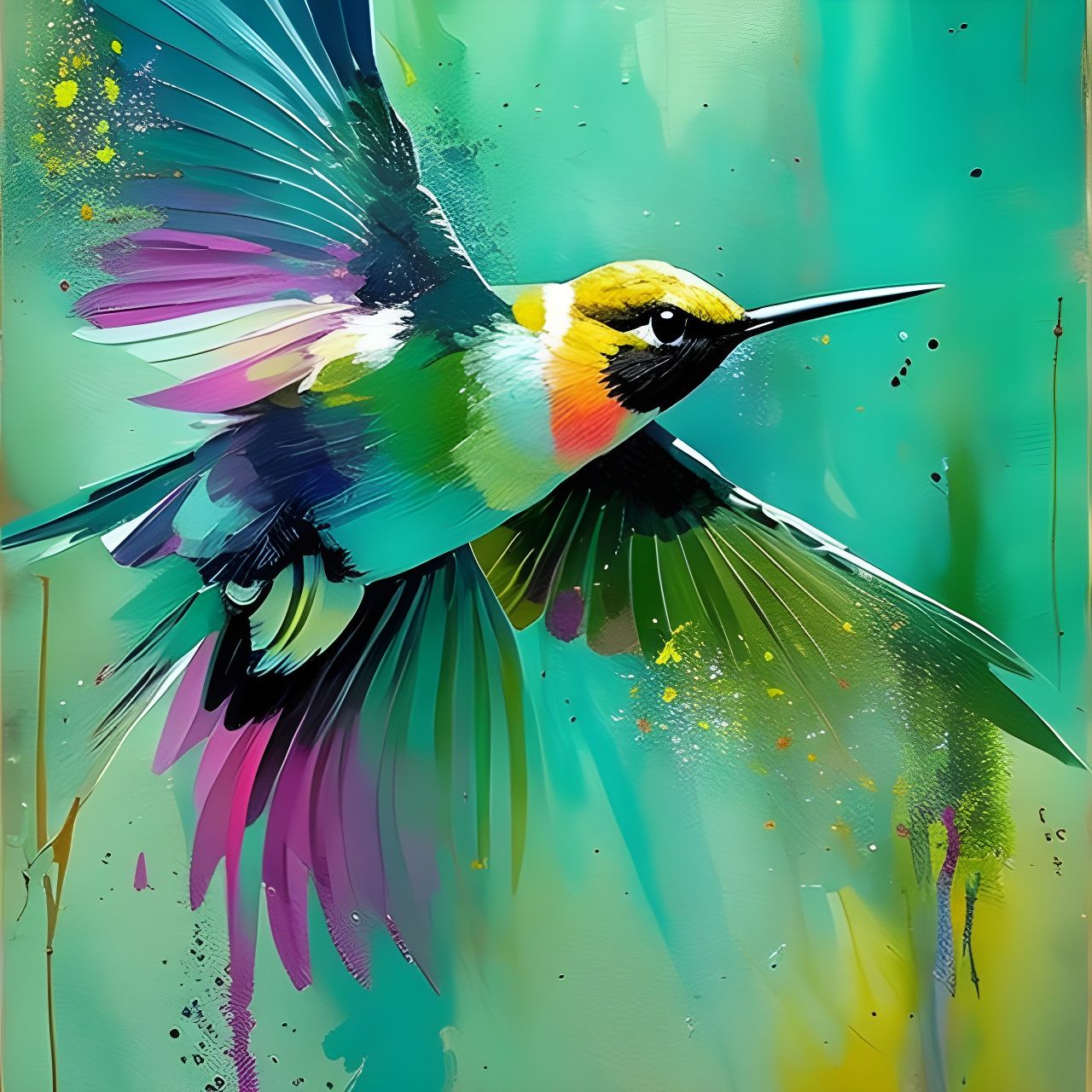 Colorful Hummingbird in Marbling Oil Paint Style