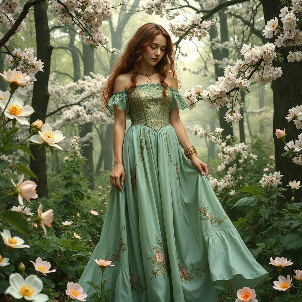 Woman in Blossoming Forest, Art Nouveau Style