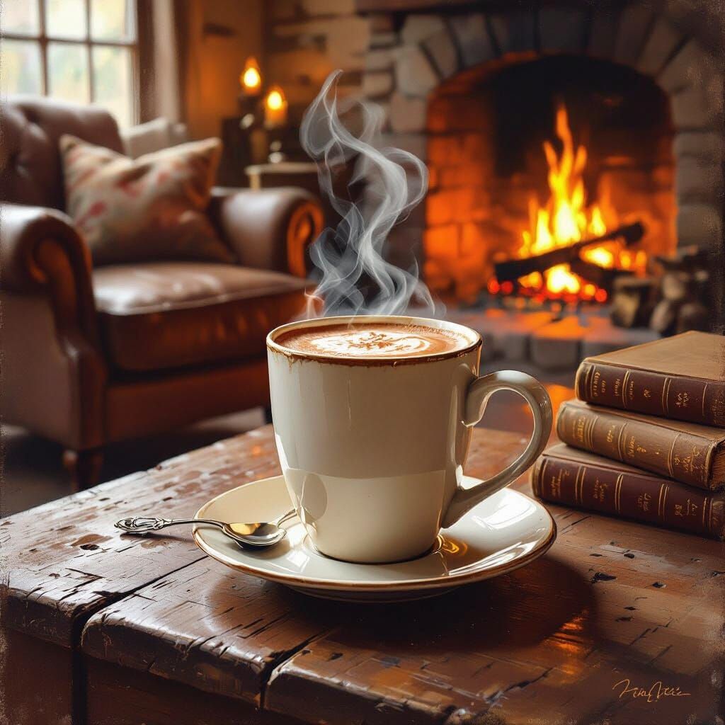 Cozy Living Room with Hot Chocolate in Impressionist Style