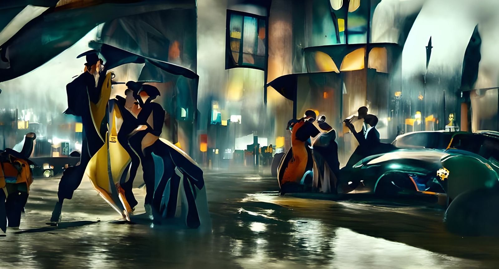 Elegant Dancers in Rainy City: Art Deco Film Noir