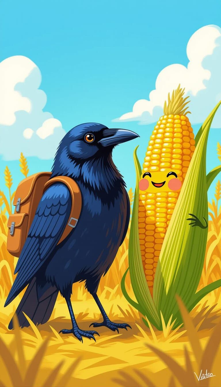 Whimsical Crow with Backpack and Smiling Corn Husk in Countr...