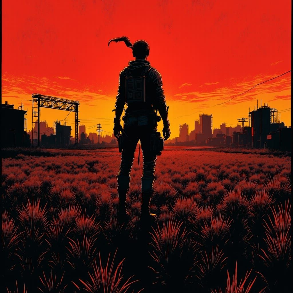 Crimson Sunset: STALKER with Guitar in Dystopian Landscape