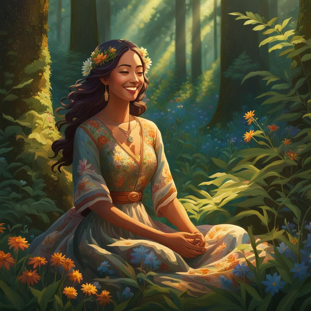 Woman in Forest with Wildflowers, Watercolor Illustration