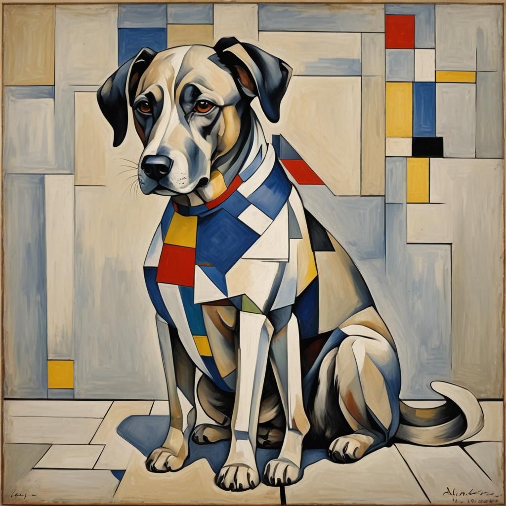 Abstract Cubist Dog Portrait in Mondrian Style