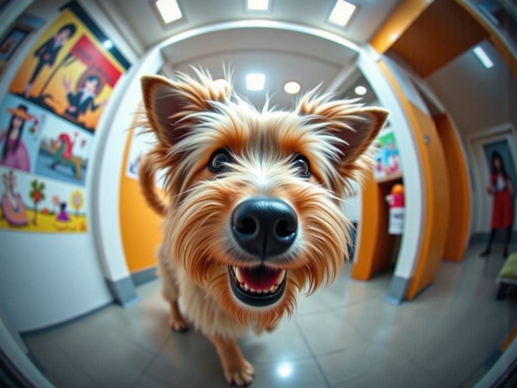 Friendly Golden Retriever in Distorted Fisheye View