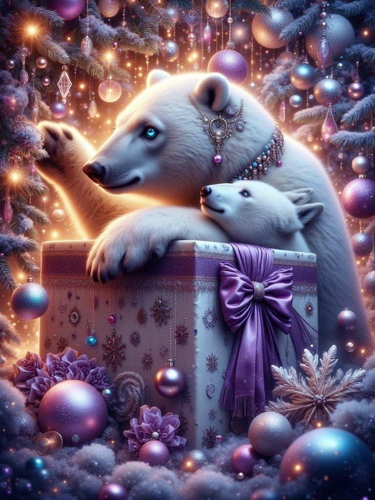 Polar Bear Peeks Out of Christmas Gift Box Under Glowing Tre...
