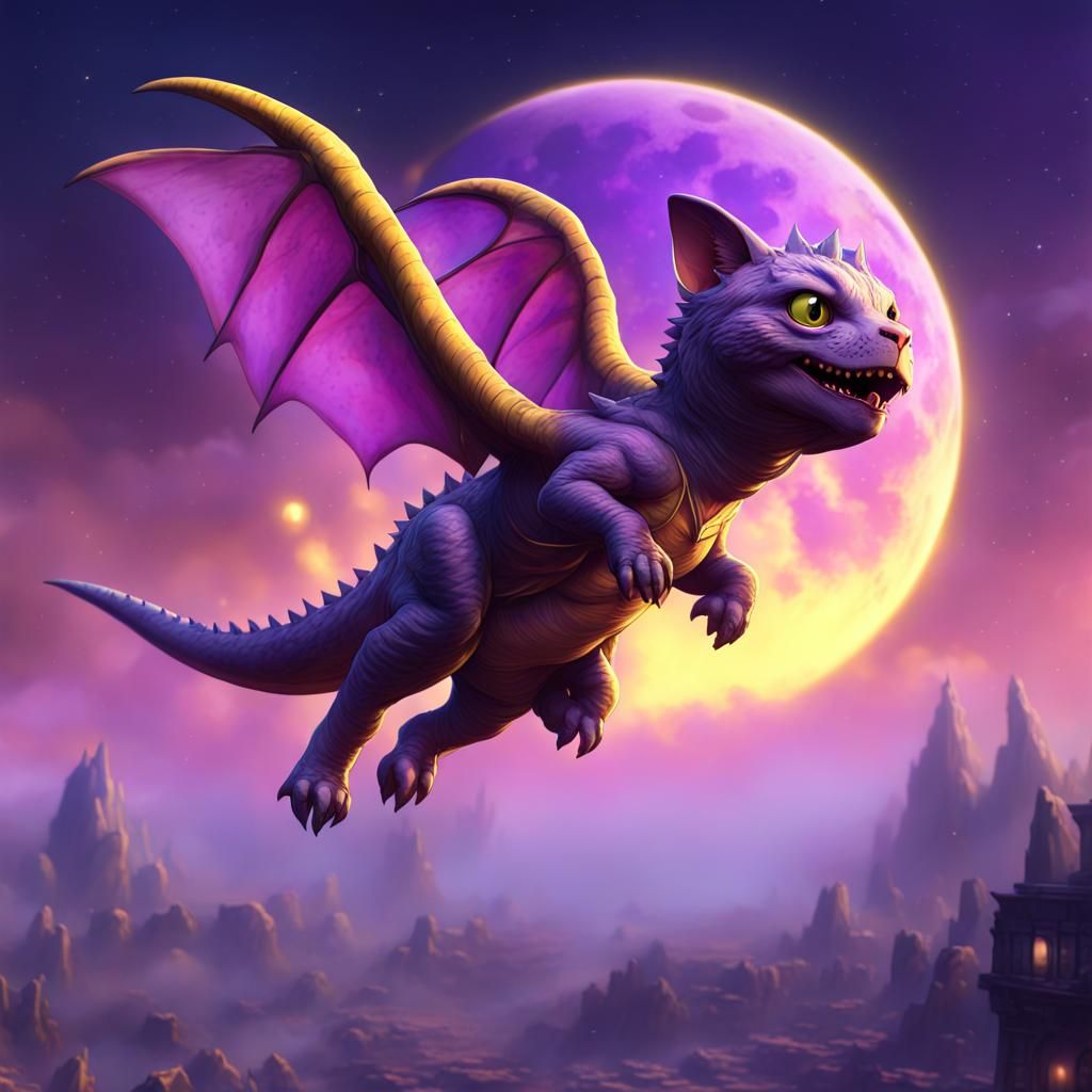 Dino Cat Soaring in Moonlit Sky: Fantasy Art