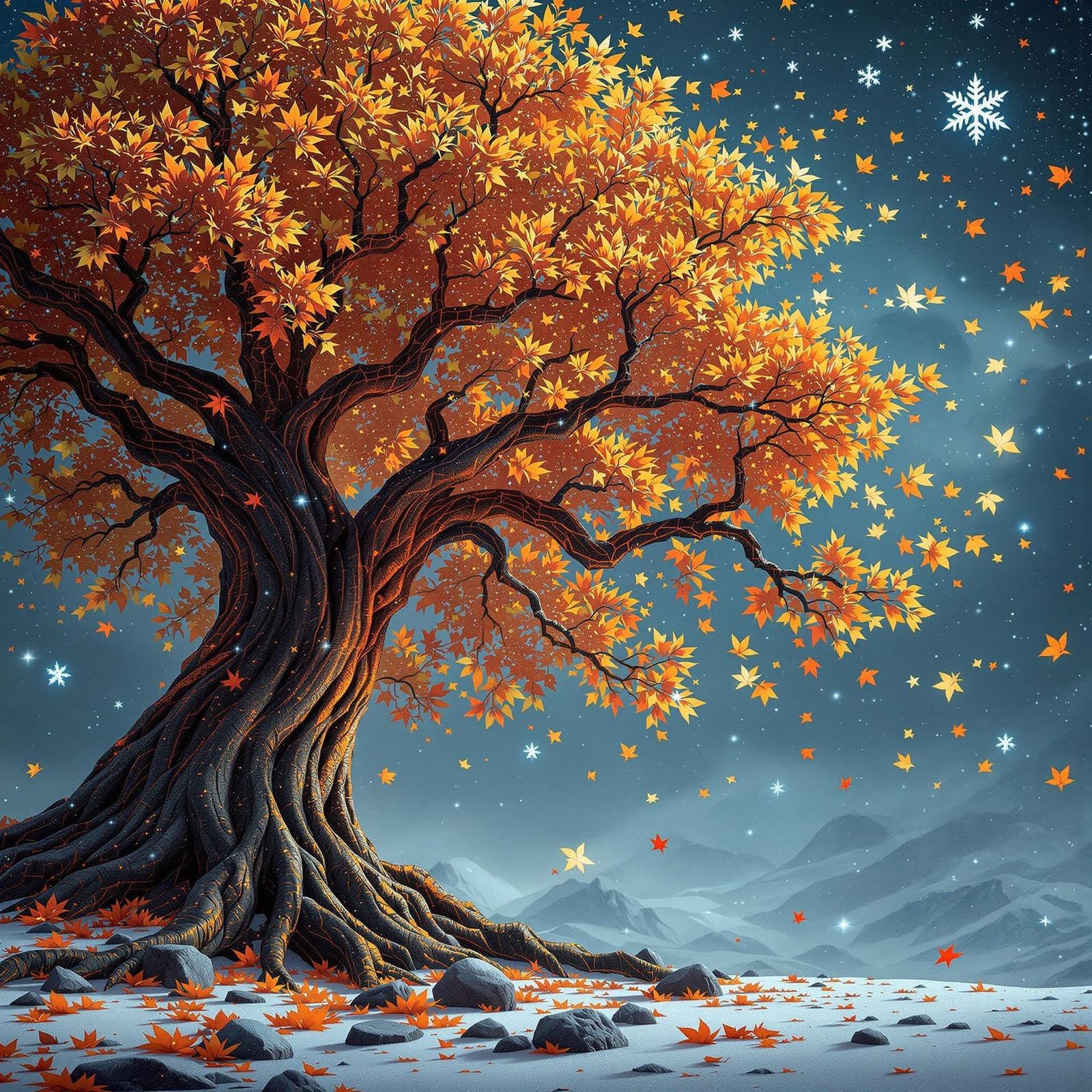 Multidimensional Mosaic Tree in Vibrant Neon Hues