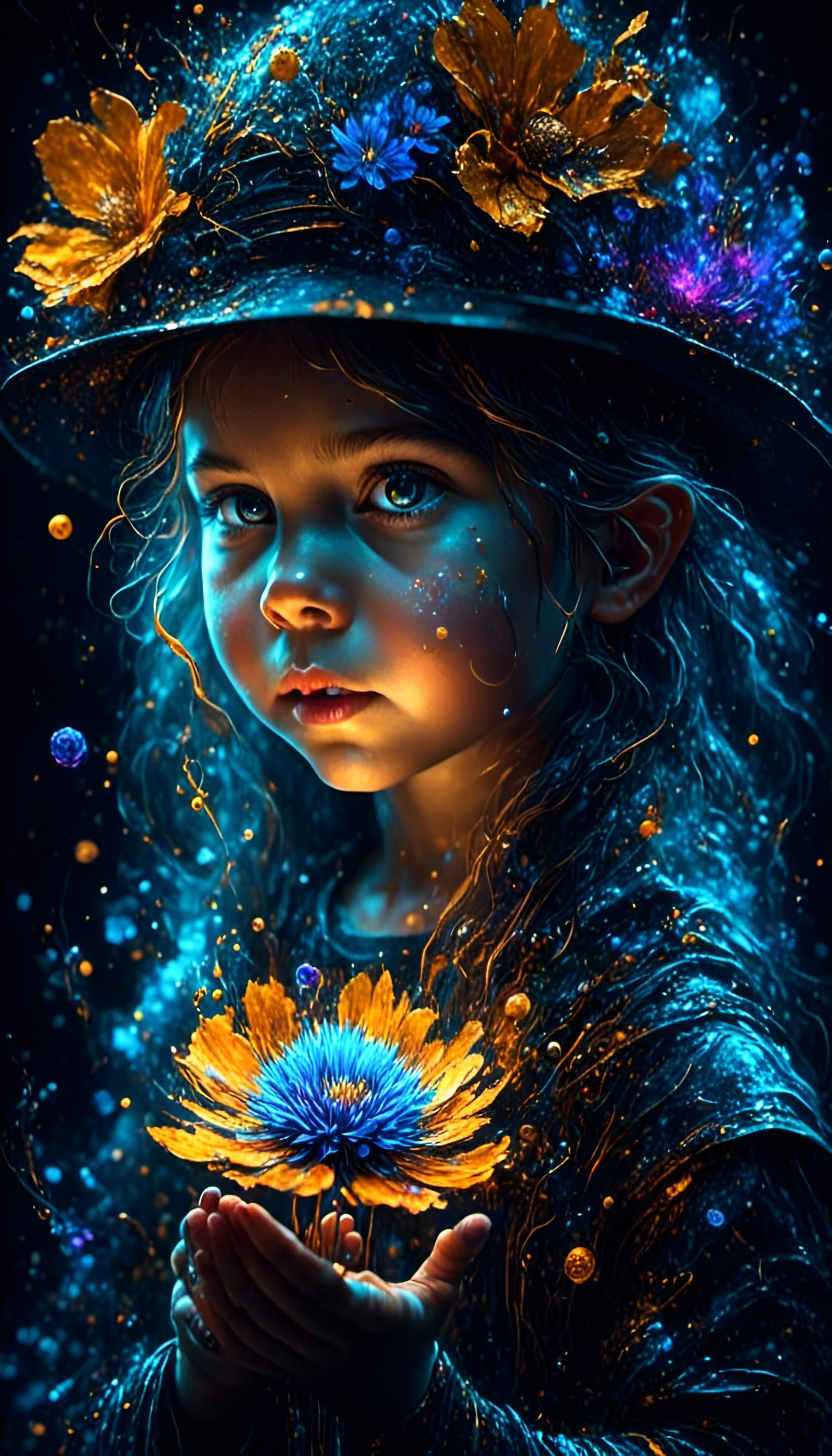 Girl with Bioluminescent Flower in Graffiti Art