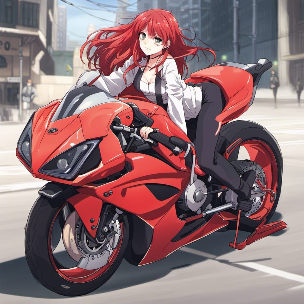 Red-Haired Girl with Superbike in Anime Style