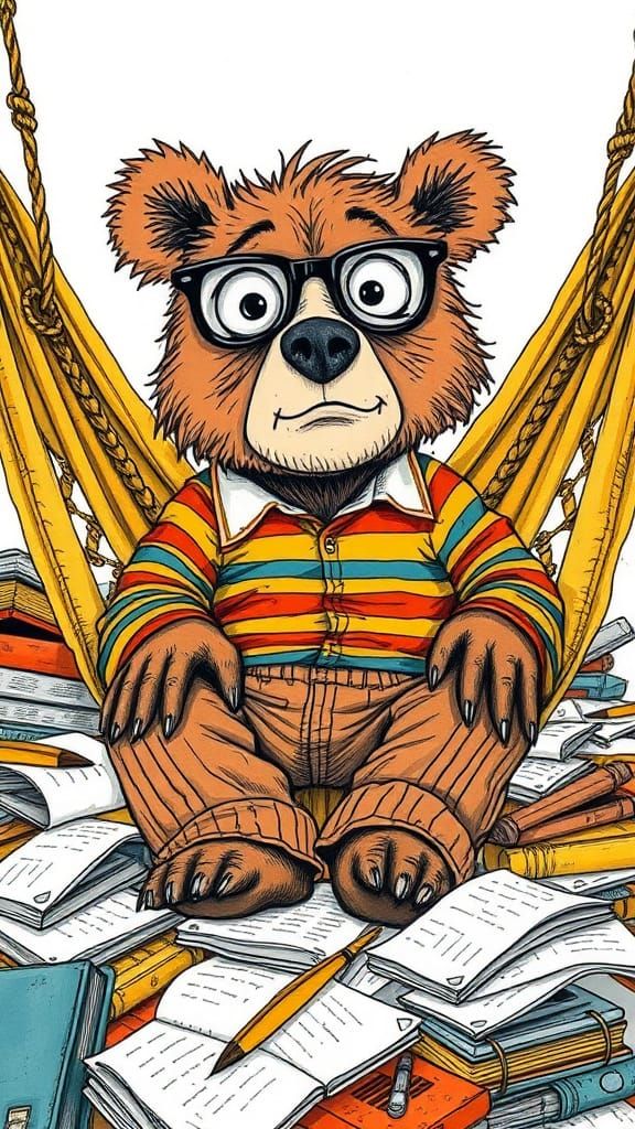 Illustrate an eccentric, whimsical bear with glasses, looking hilarious and distraught, sitting in a hammock, in a hand-...