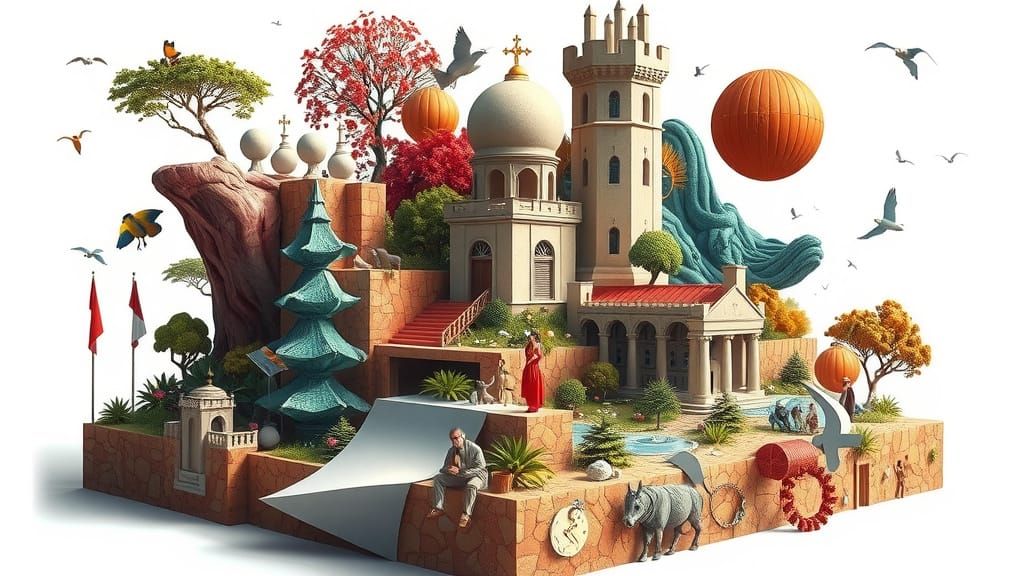 Surreal Nature Architecture Mosaic in Bold 3D