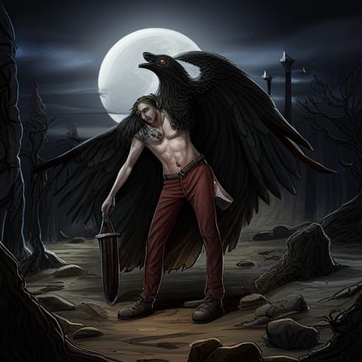 Werewolf with Raven Wings and Obsidian Sword