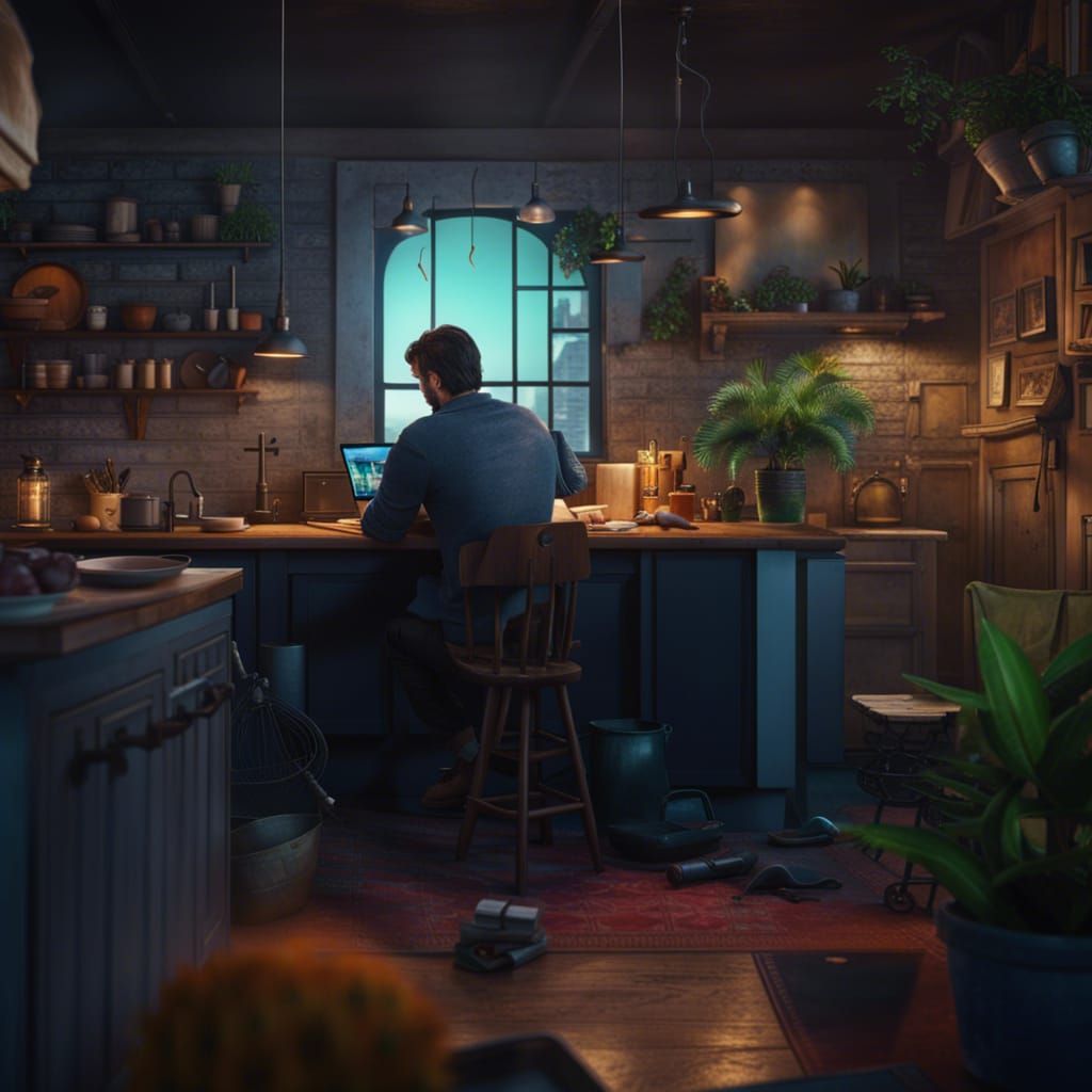 Man Working on Laptop in Kitchen, Hyperrealistic 8K