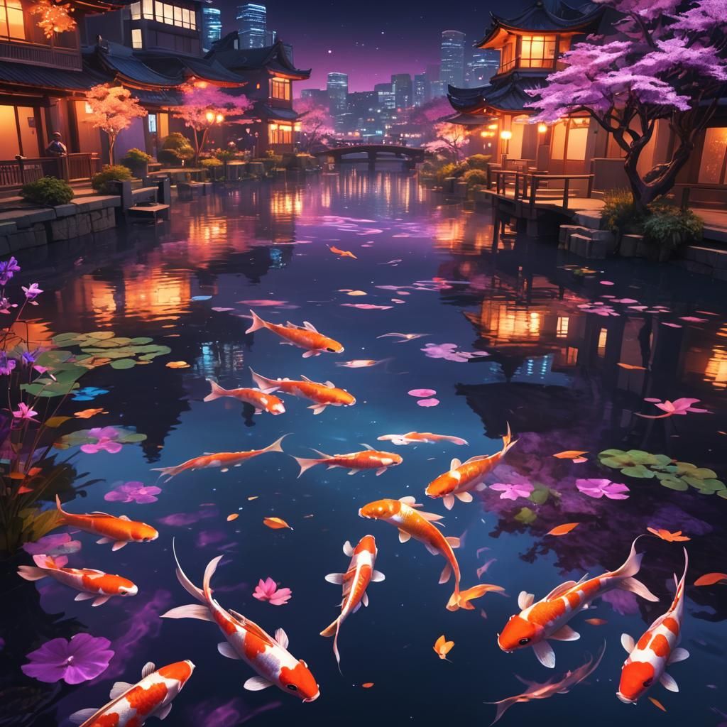 Koi Fish Reflecting Cityscape: Fantasy Concept Art