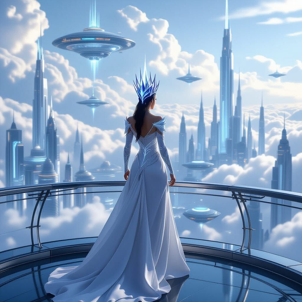 Empress Overlooking Floating Futuristic City