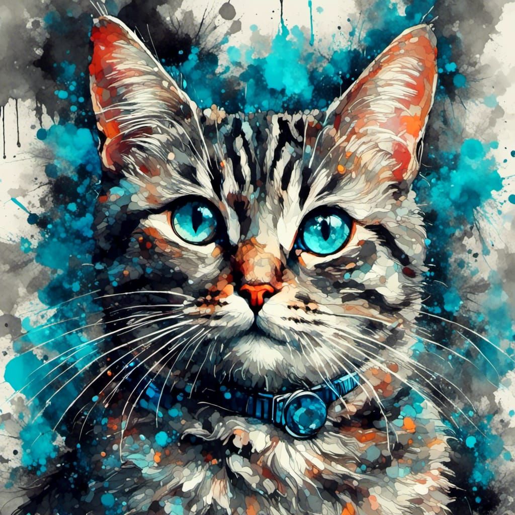 Smiling Grey Tabby Cat in Neon Grunge Style
