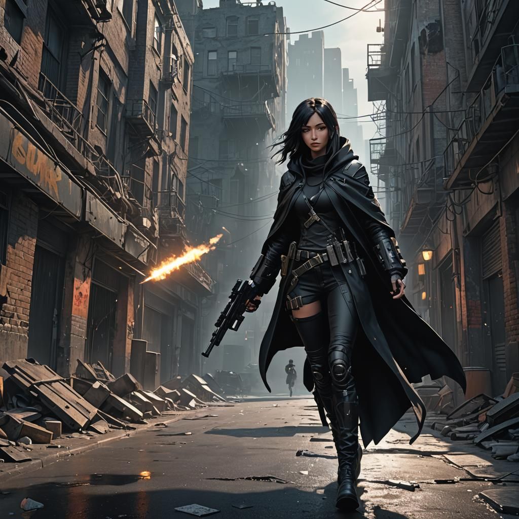 Dystopian Cyberpunk Girl in Ruined City with Gun