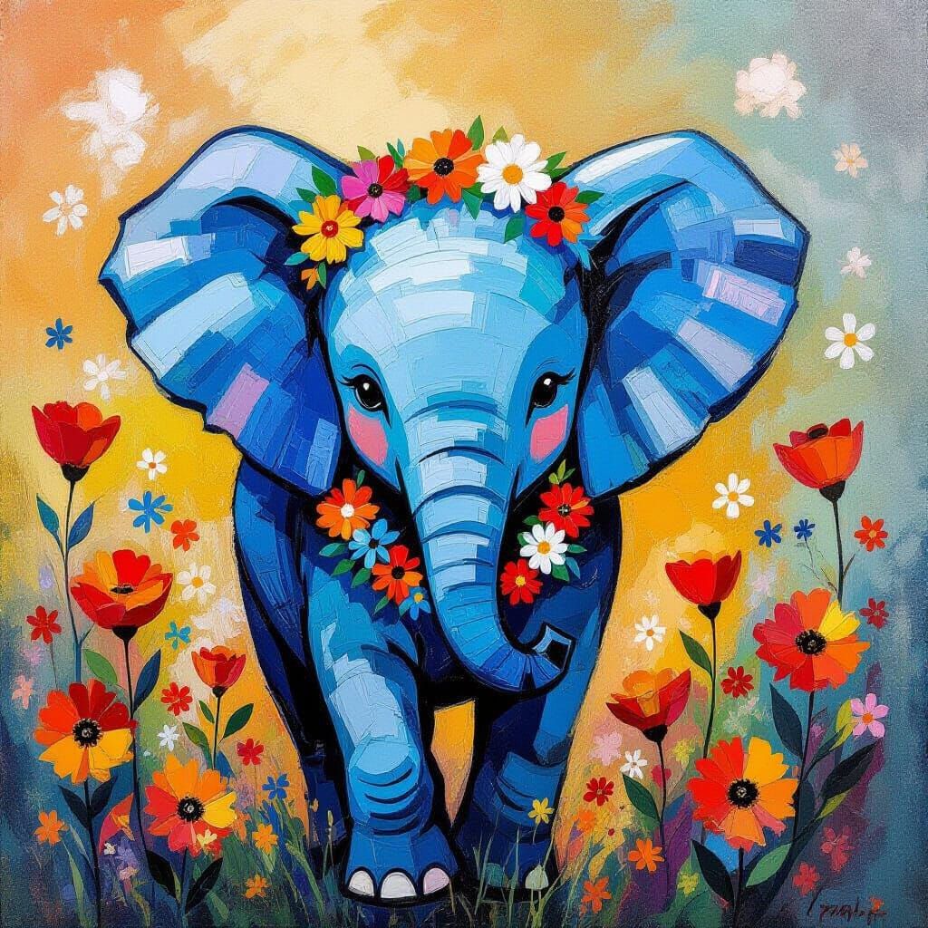 Blue Elephant Calf Surrounded by Vibrant Flowers in Abstract...