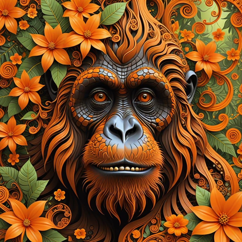Vivid Orange Orangutan Face in Psychedelic Fractal Forest