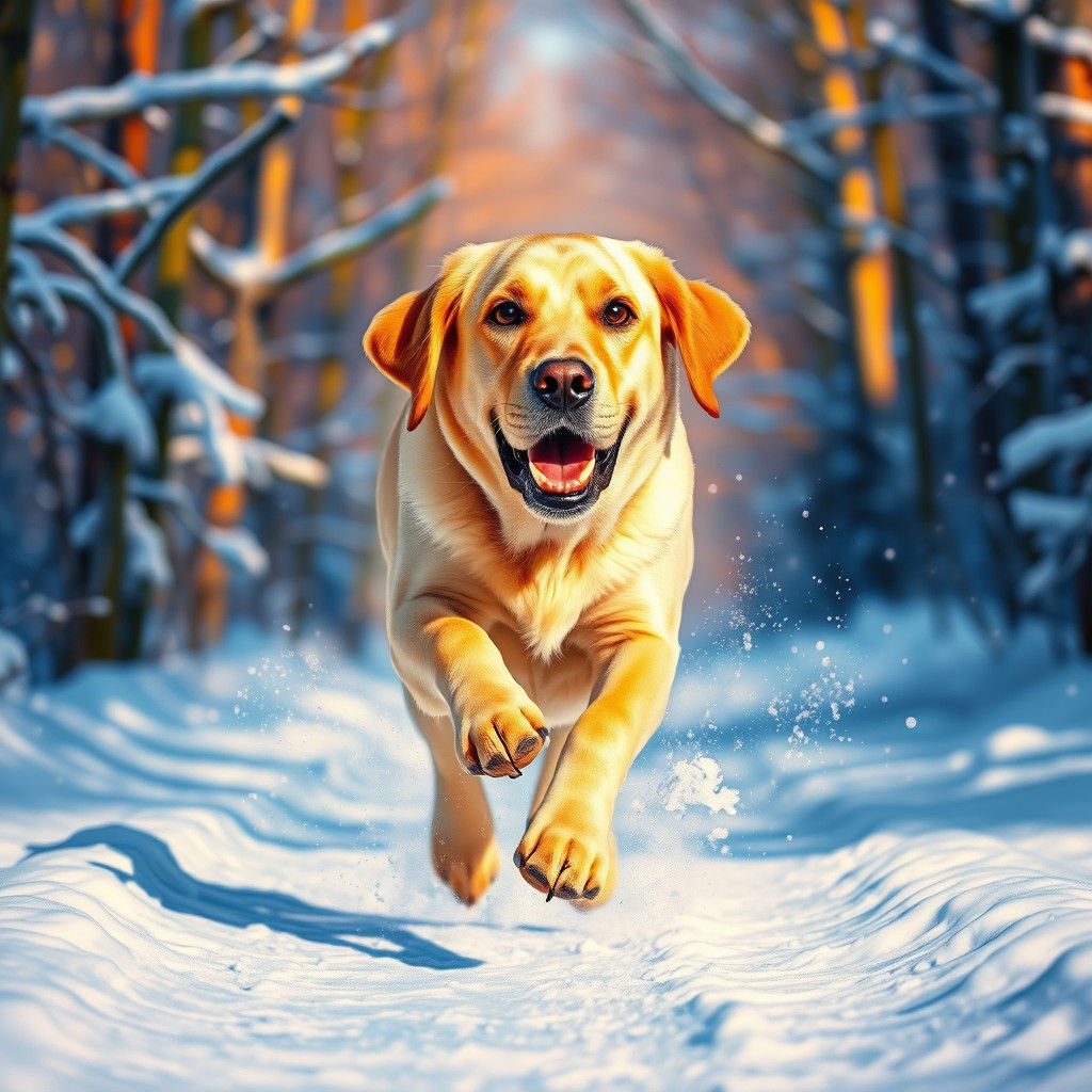 Energetic Labrador Retriever Runs Through Winter Wonderland