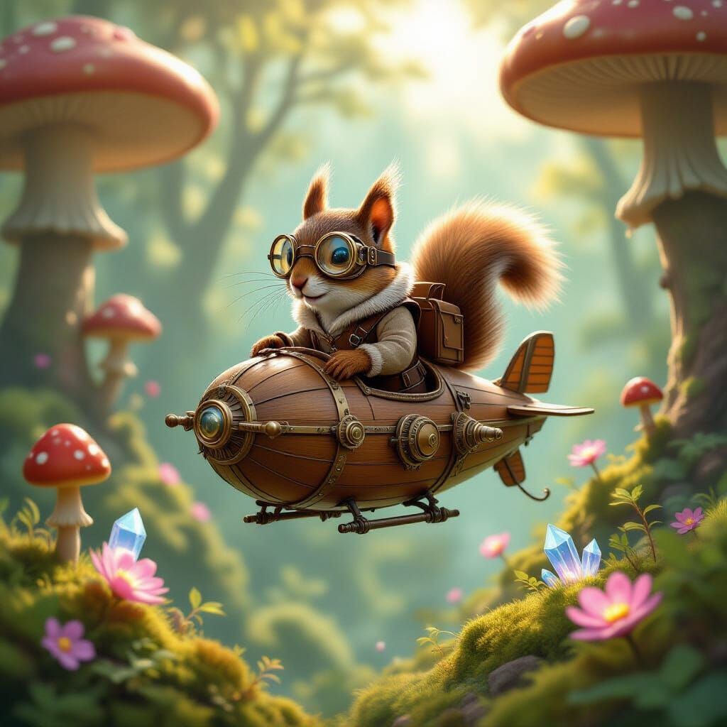 Steampunk Squirrel Airship Soaring Through Mushroom Forest