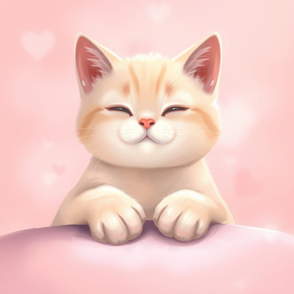 Delicate Digital Cat Illustration in Pastel Pink Hues