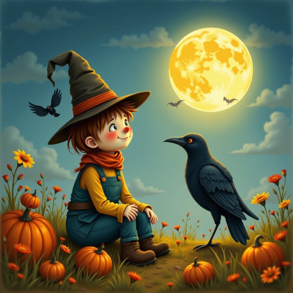 Cute Scarecrow and Crow Under Harvest Moon