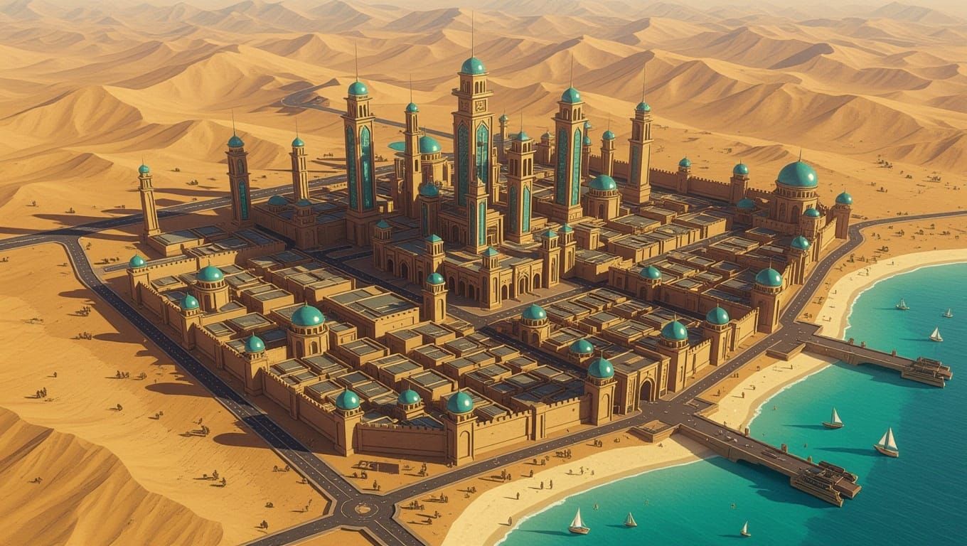 Fantasy Desert Metropolis City Map in Photorealistic Style