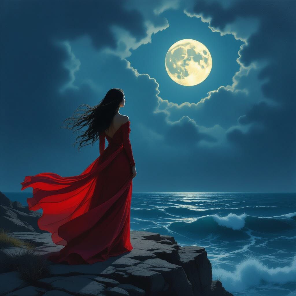 Woman on Windswept Cliff in Baroque Style