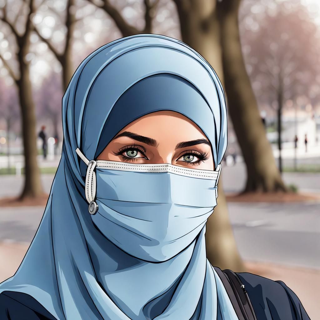 Woman in Hijab and Mask, Detailed Ink Drawing