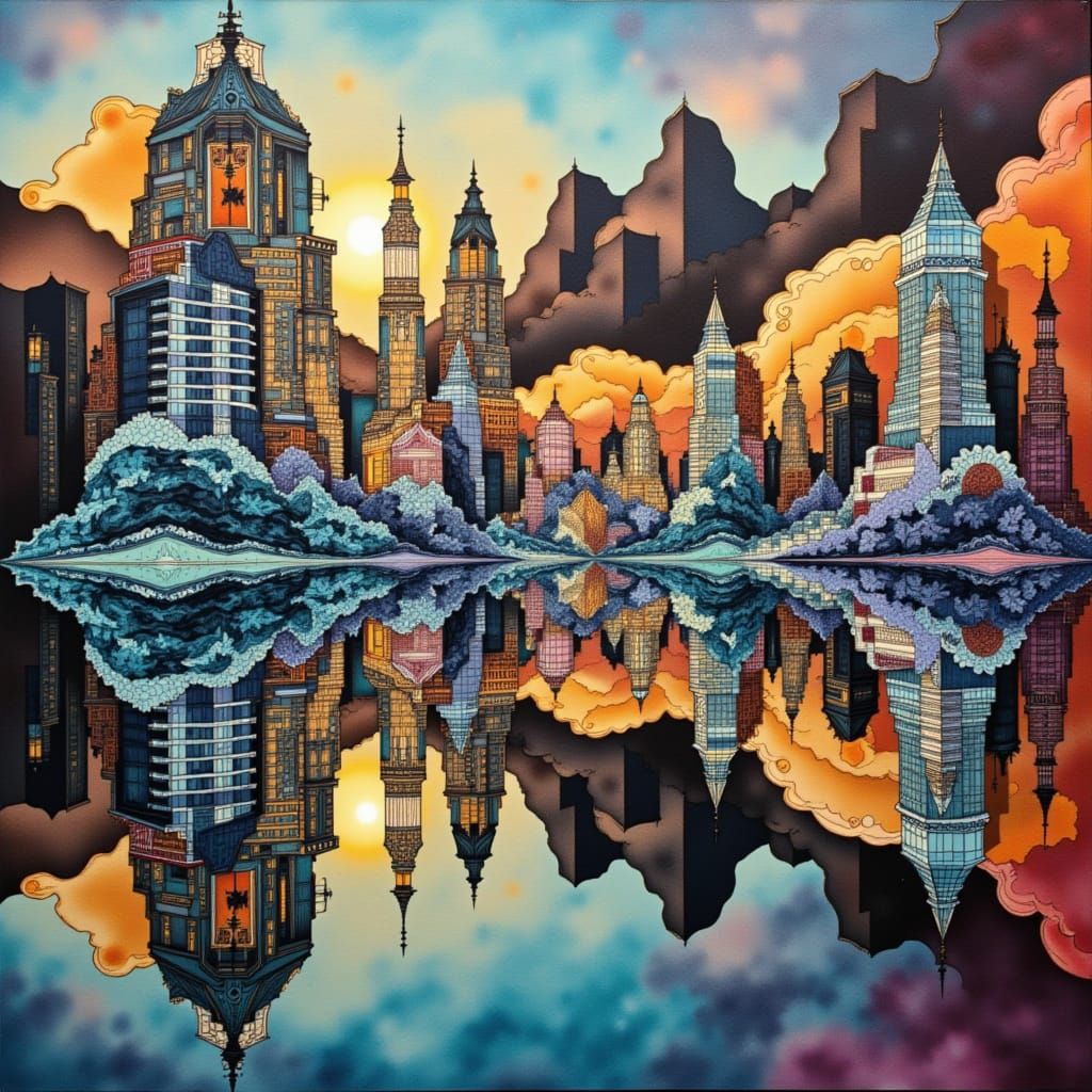 Surreal Escher Landscape in Expressive Watercolor Style