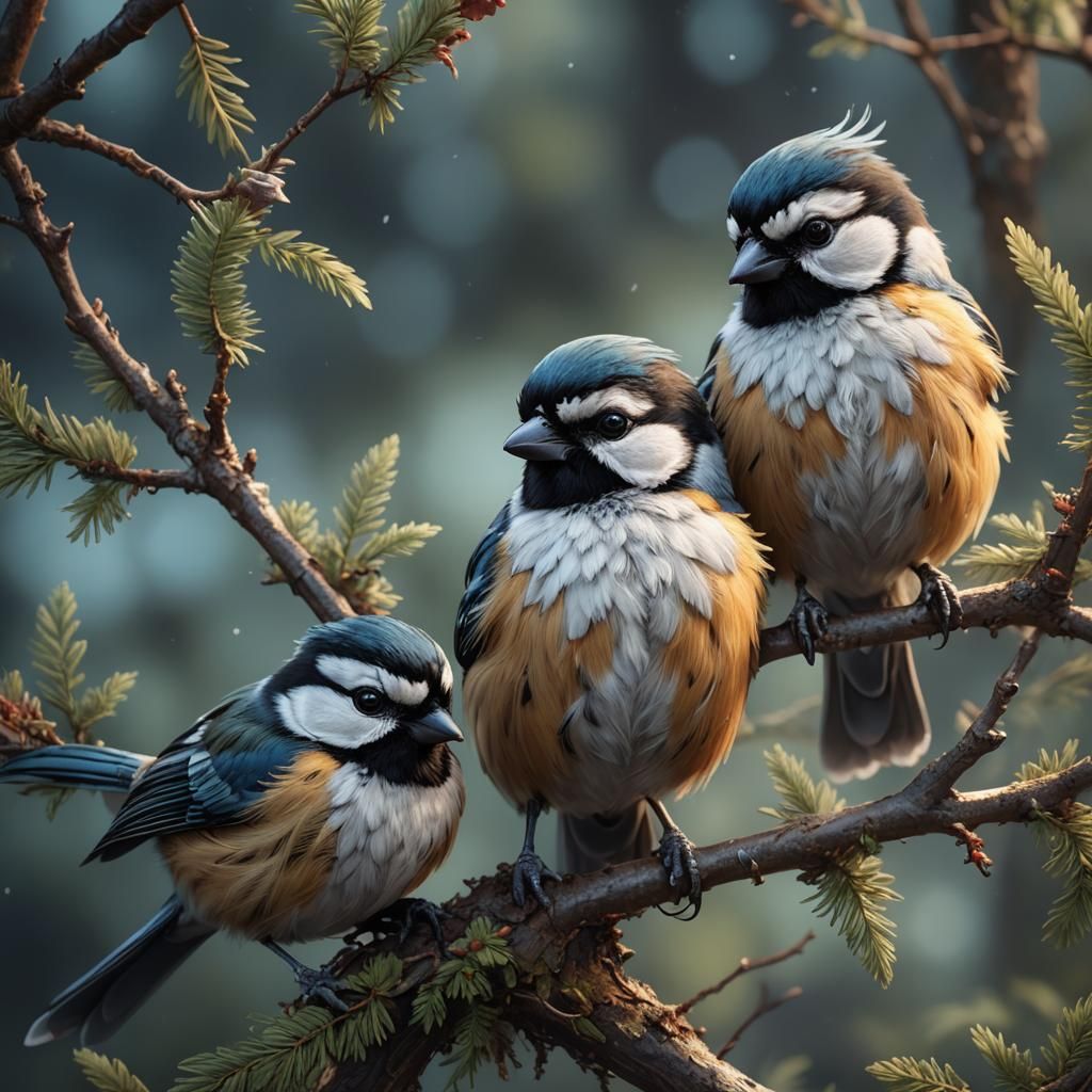 Cuddled Chickadees in Detailed Digital Painting