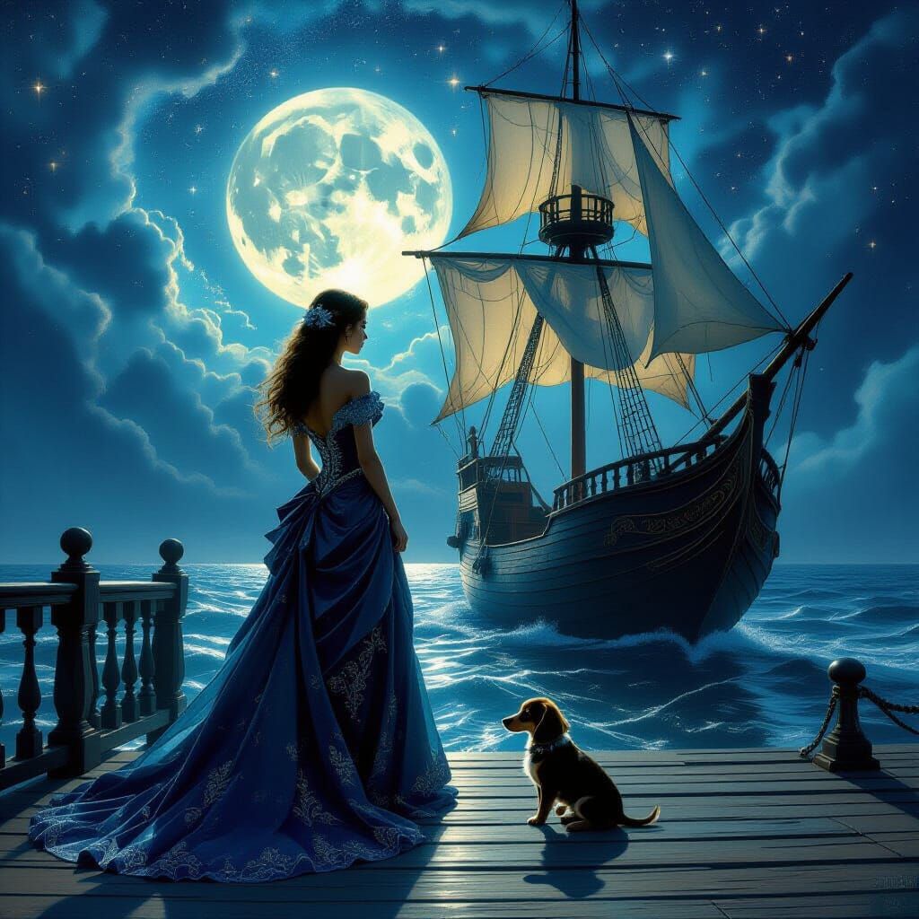 Saloon Girl & Dachshund on Spectral Galleon Under Nebula Glo...