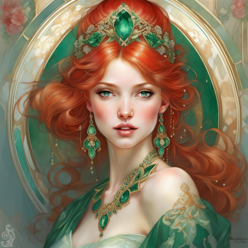 Red-Haired Princess with Emeralds in Art Deco Style