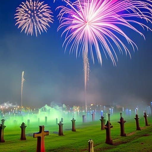Eerie Graveyard Illuminated by Fireworks Display