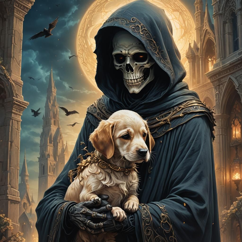 Gentle Grim Reaper Cradles Puppy Spirit