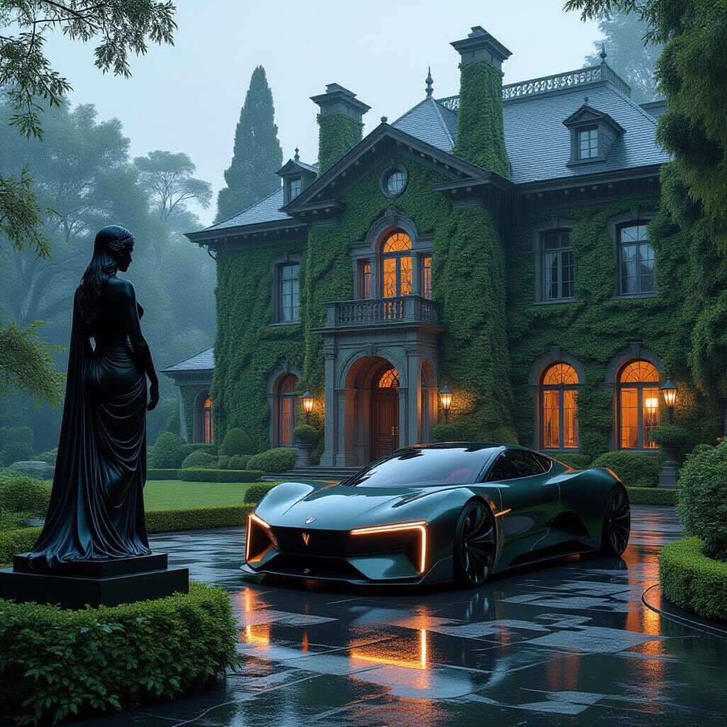 Majestic Estate with Futuristic Vehicle in Cinematic Style