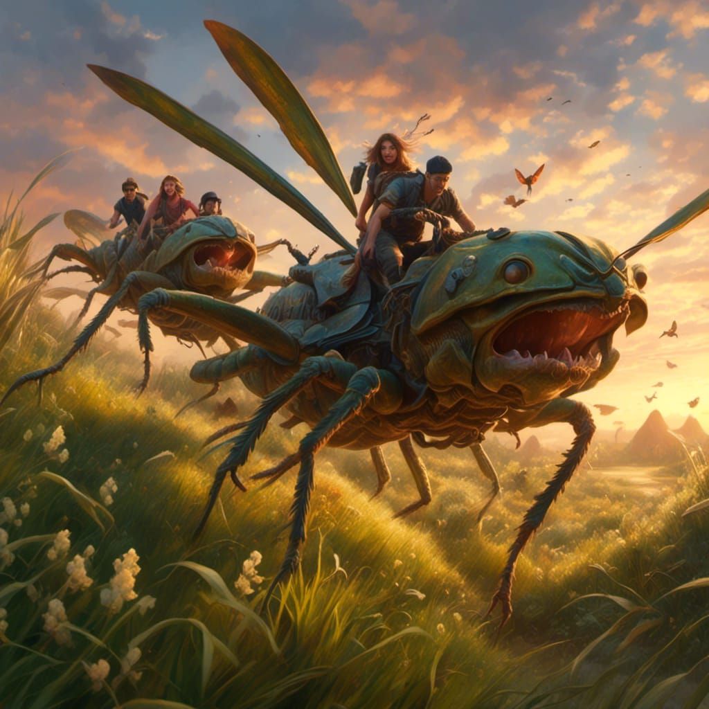 Teenagers Ride Giant Grasshopper in Fantasy Landscape