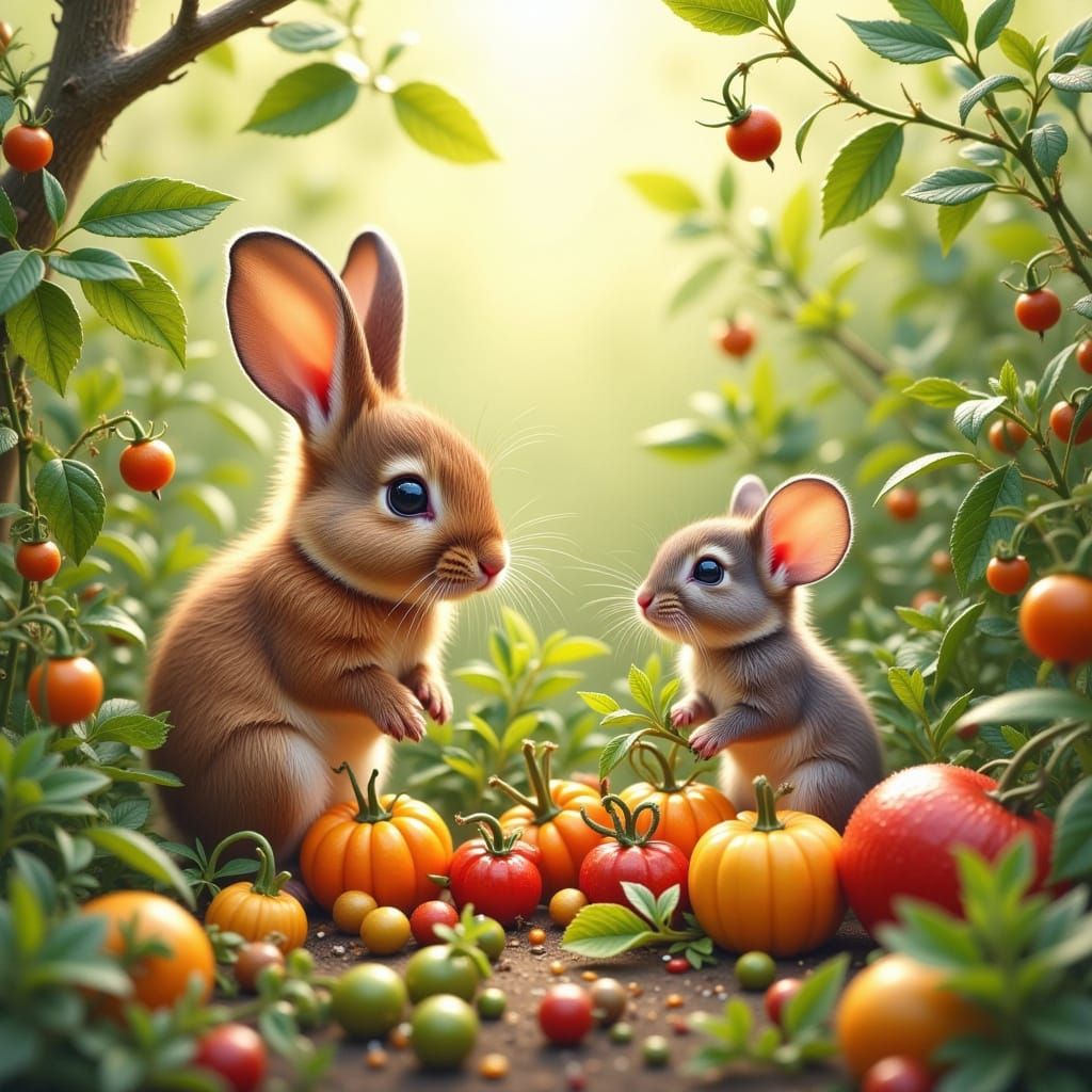 Rabbit and Mouse Explore a Lush Garden in Storybook Style
